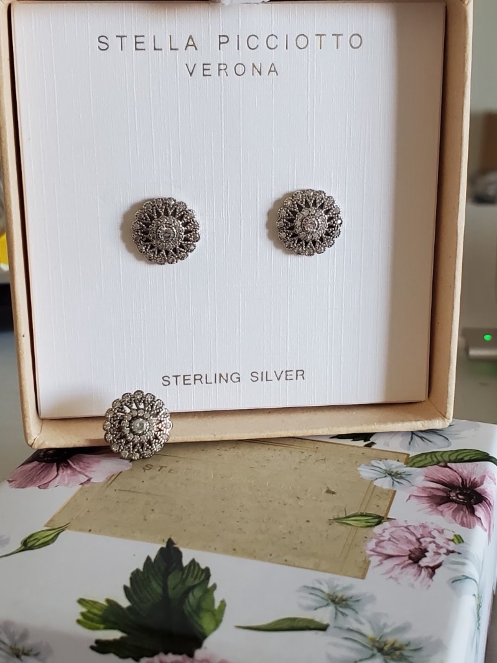 NIB Stella Picciotto Sterling Silver Vintage Style Floral Stud Earrings